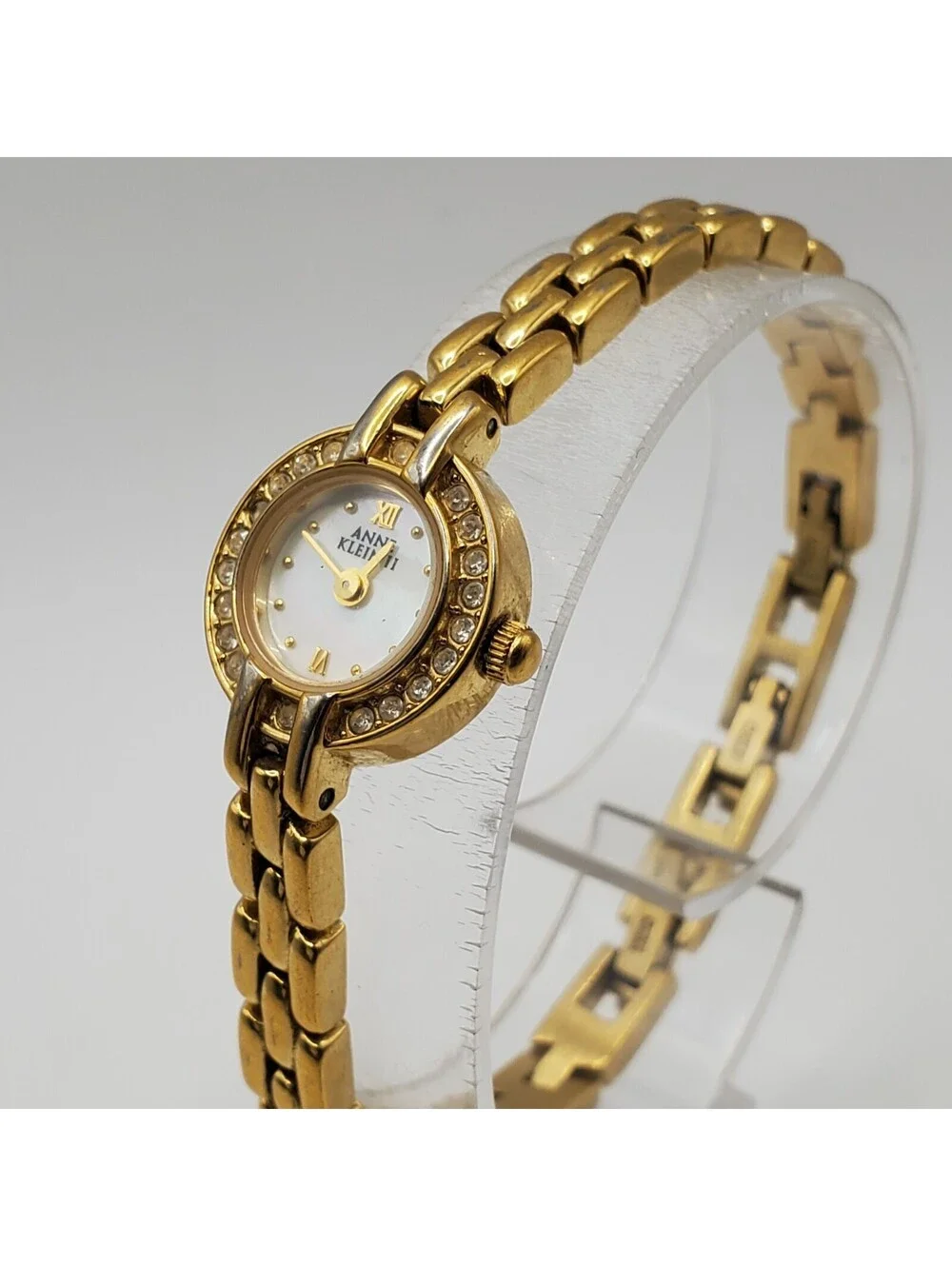 Anne Klein Rhinestone Small 16mm MOP Dial Womens Watch Gold Tone New Battery